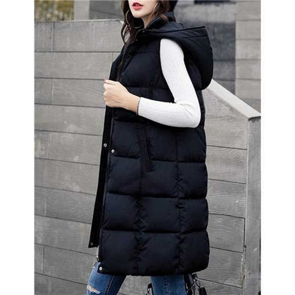 Women's Long Puffer Vest Sleeveless Coat Quilted Vest Jacket with Hood - Picture 5 of 7